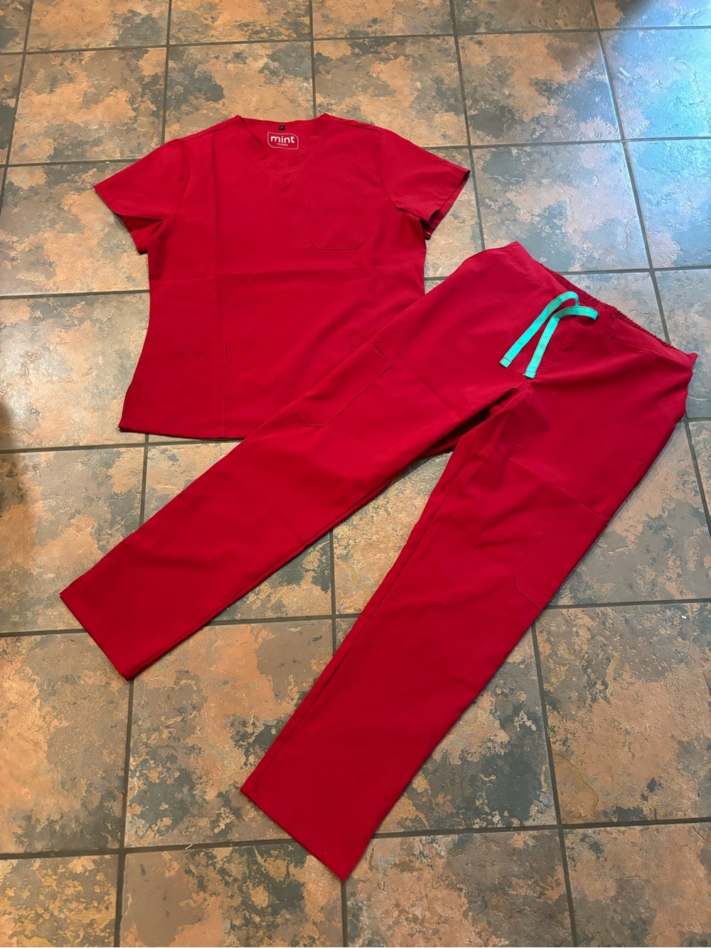 Mint Red Scrub set with Teal Drawstring